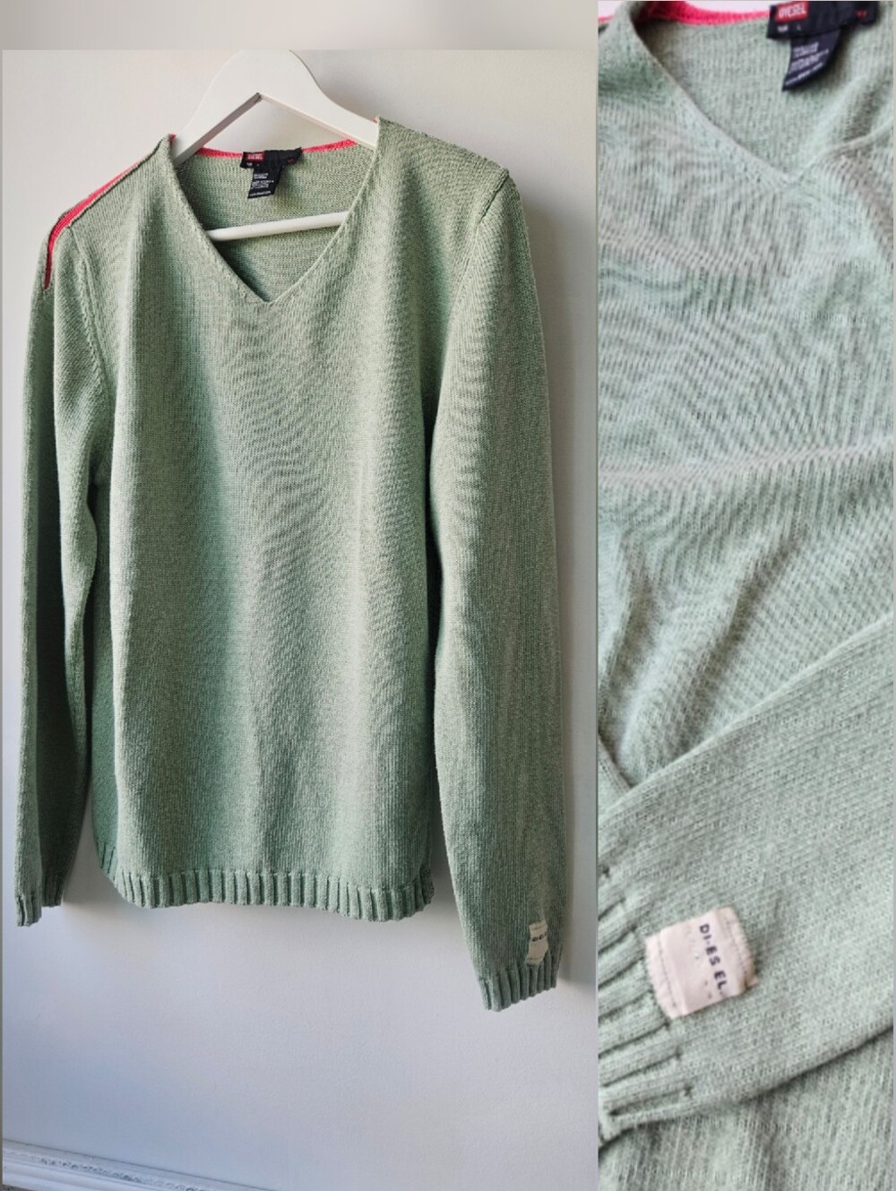 Vintage Diesel Patch Seafoam With Rasberry Trim V-Neck Unisex Boxy Sweater